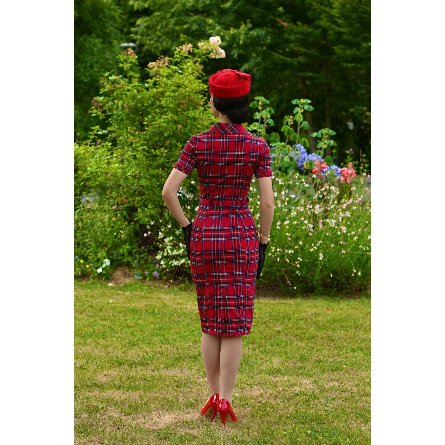 Red Highland Tartan Check Short Sleeve Wiggle Pencil Dress