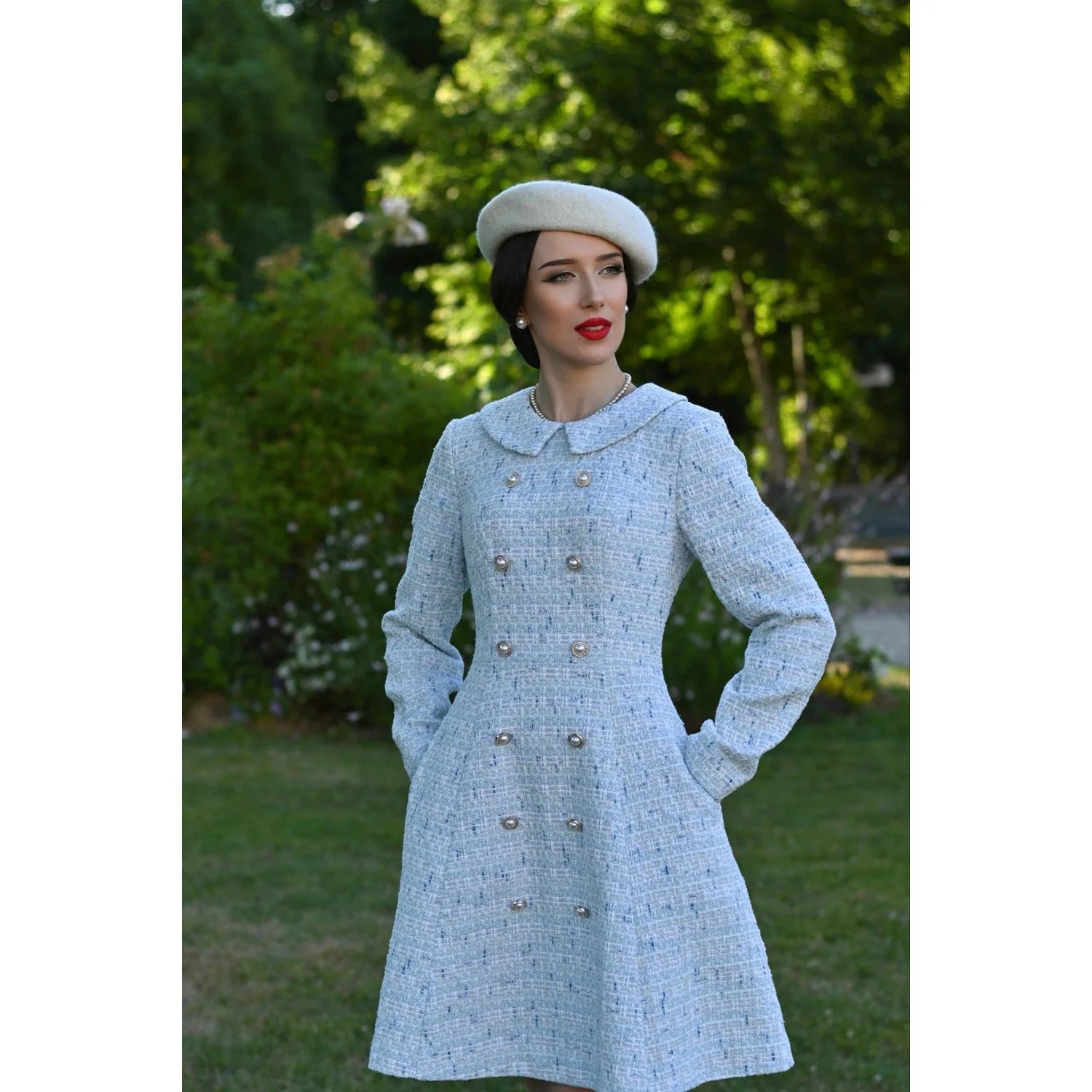 Baby Blue and White Tweed 3/4 Sleeve Peter Pan Collar 50s Swing Tea Dress With Pockets