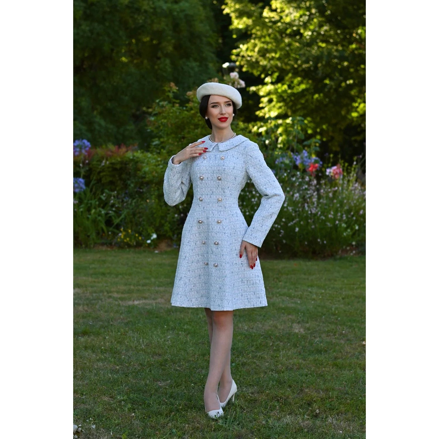 Baby Blue and White Tweed 3/4 Sleeve Peter Pan Collar 50s Swing Tea Dress With Pockets