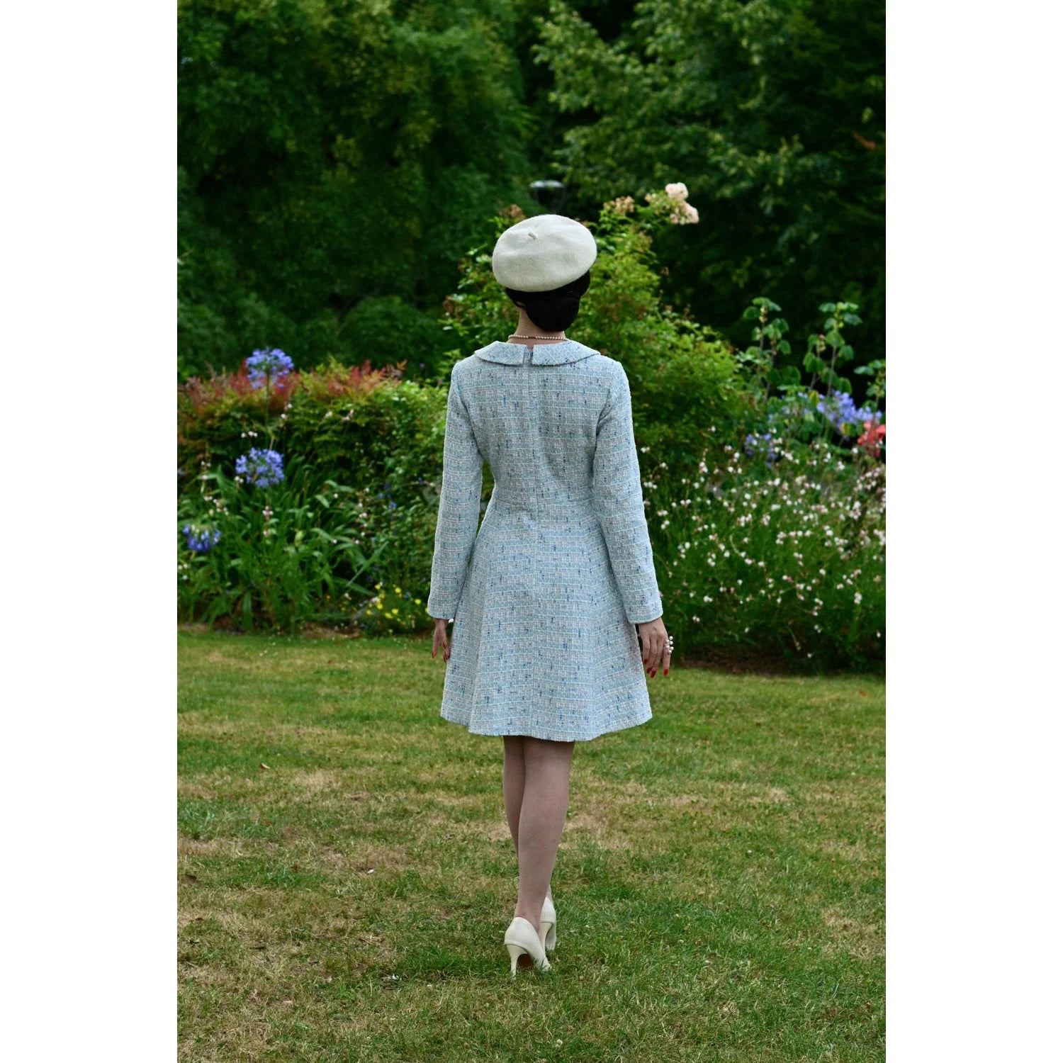 Baby Blue and White Tweed 3/4 Sleeve Peter Pan Collar 50s Swing Tea Dress With Pockets