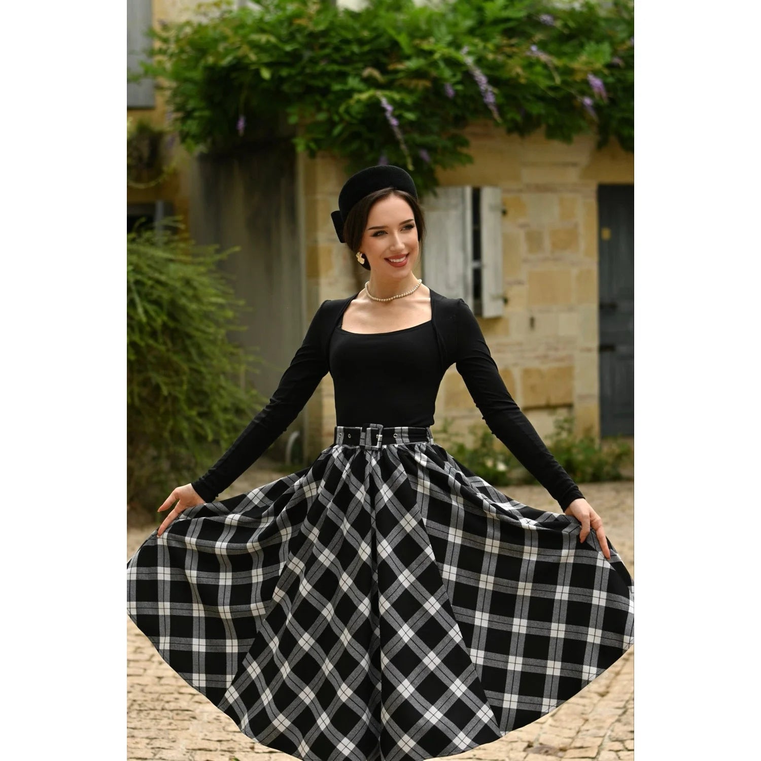 Black And Cream Tartan Check Print Rockabilly Swing Skirt