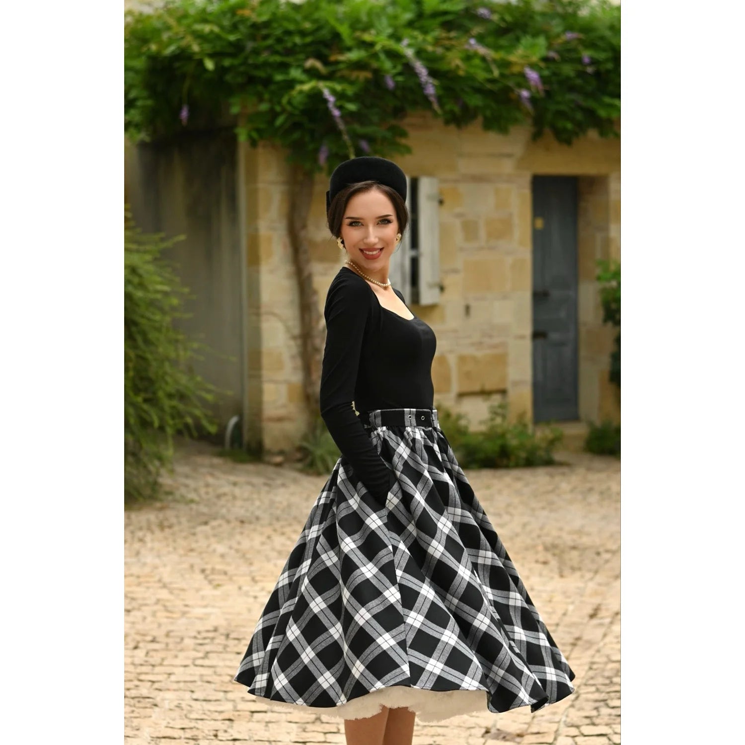 Black And Cream Tartan Check Print Rockabilly Swing Skirt