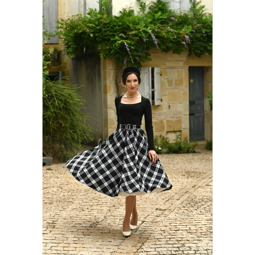 Black And Cream Tartan Check Print Rockabilly Swing Skirt
