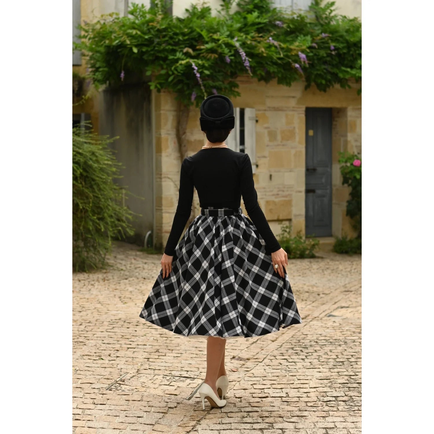 Black And Cream Tartan Check Print Rockabilly Swing Skirt