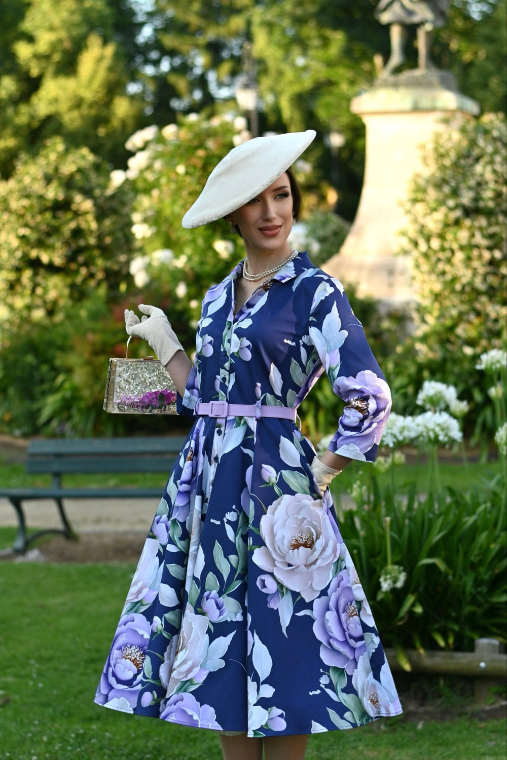 Blue Multi Floral Print 3/4 Sleeve 50s Swing Tea Dress With Pockets