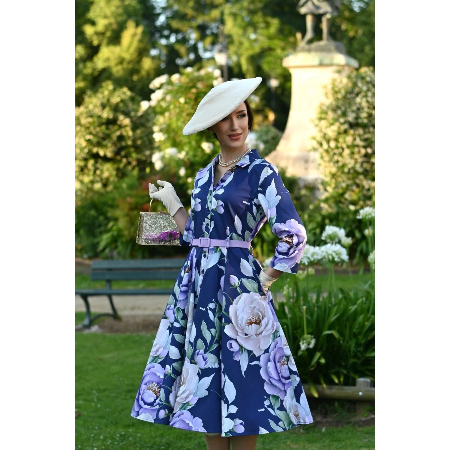 Blue Multi Floral Print 3/4 Sleeve 50s Swing Tea Dress With Pockets