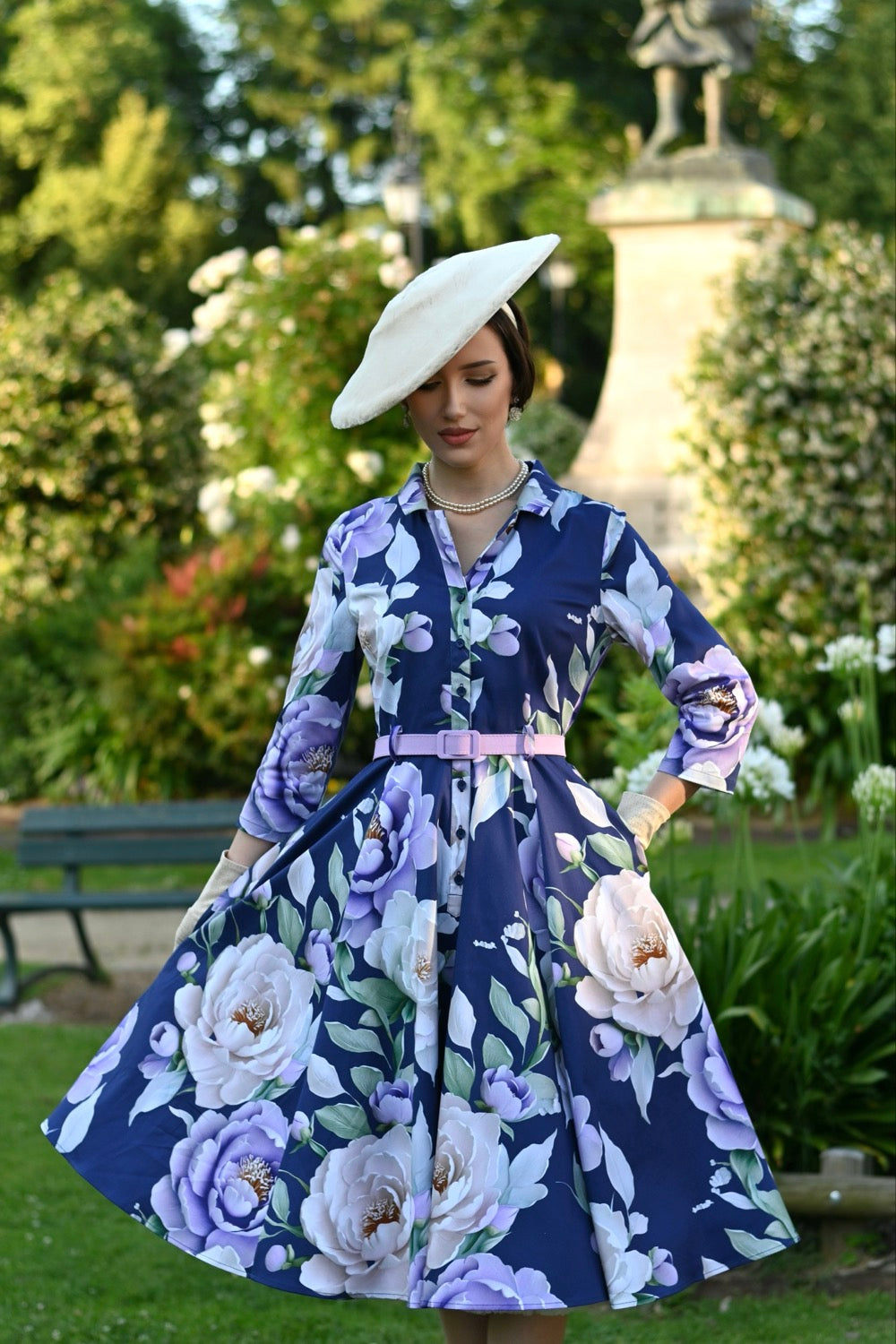 Blue Multi Floral Print 3/4 Sleeve 50s Swing Tea Dress With Pockets