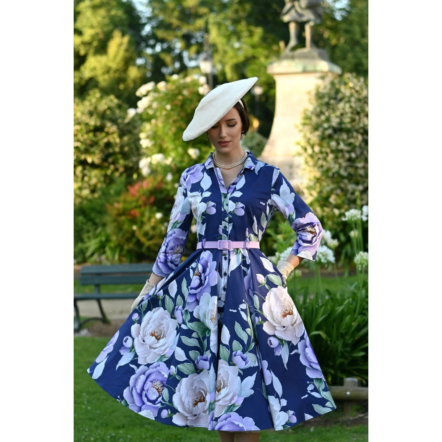 Blue Multi Floral Print 3/4 Sleeve 50s Swing Tea Dress With Pockets
