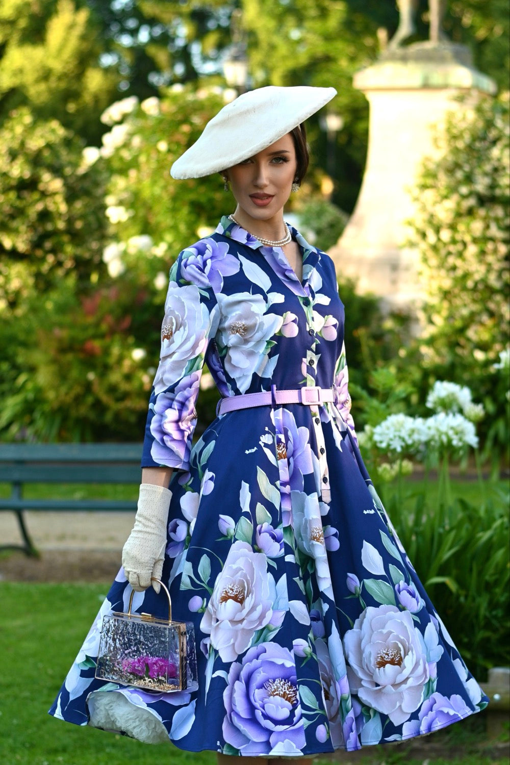 Blue Multi Floral Print 3/4 Sleeve 50s Swing Tea Dress With Pockets