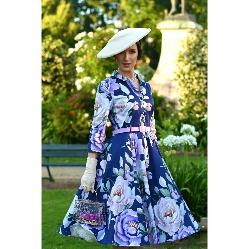 Blue Multi Floral Print 3/4 Sleeve 50s Swing Tea Dress With Pockets