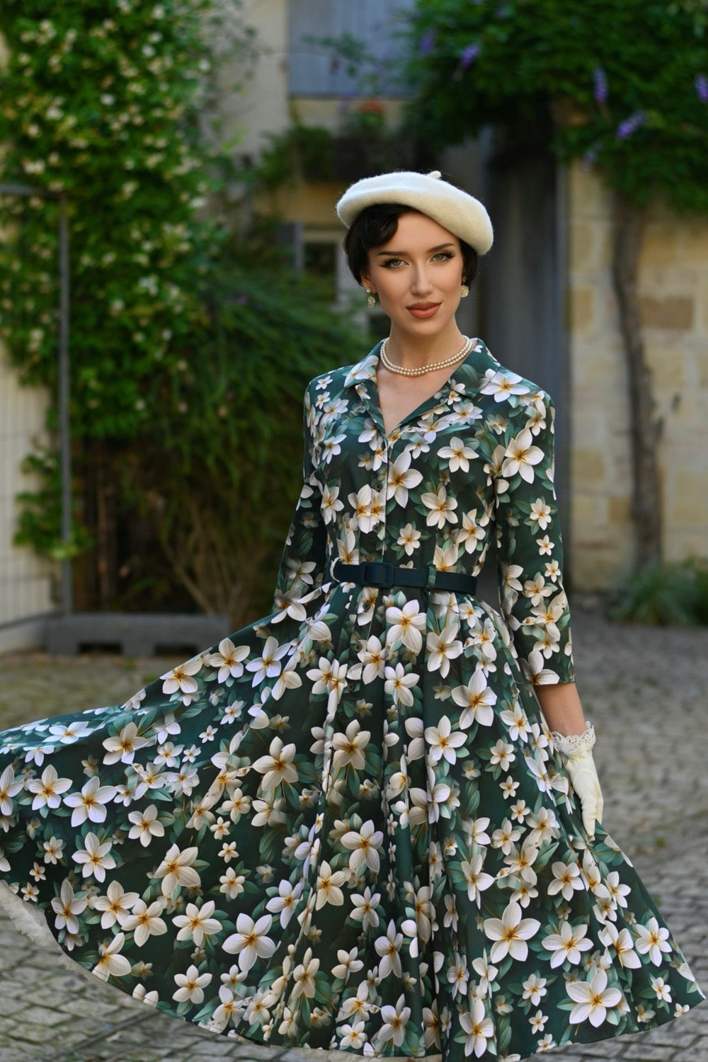 Forest Green Multi Floral Print 3/4 Sleeve 50s Swing Tea Dress With Pockets