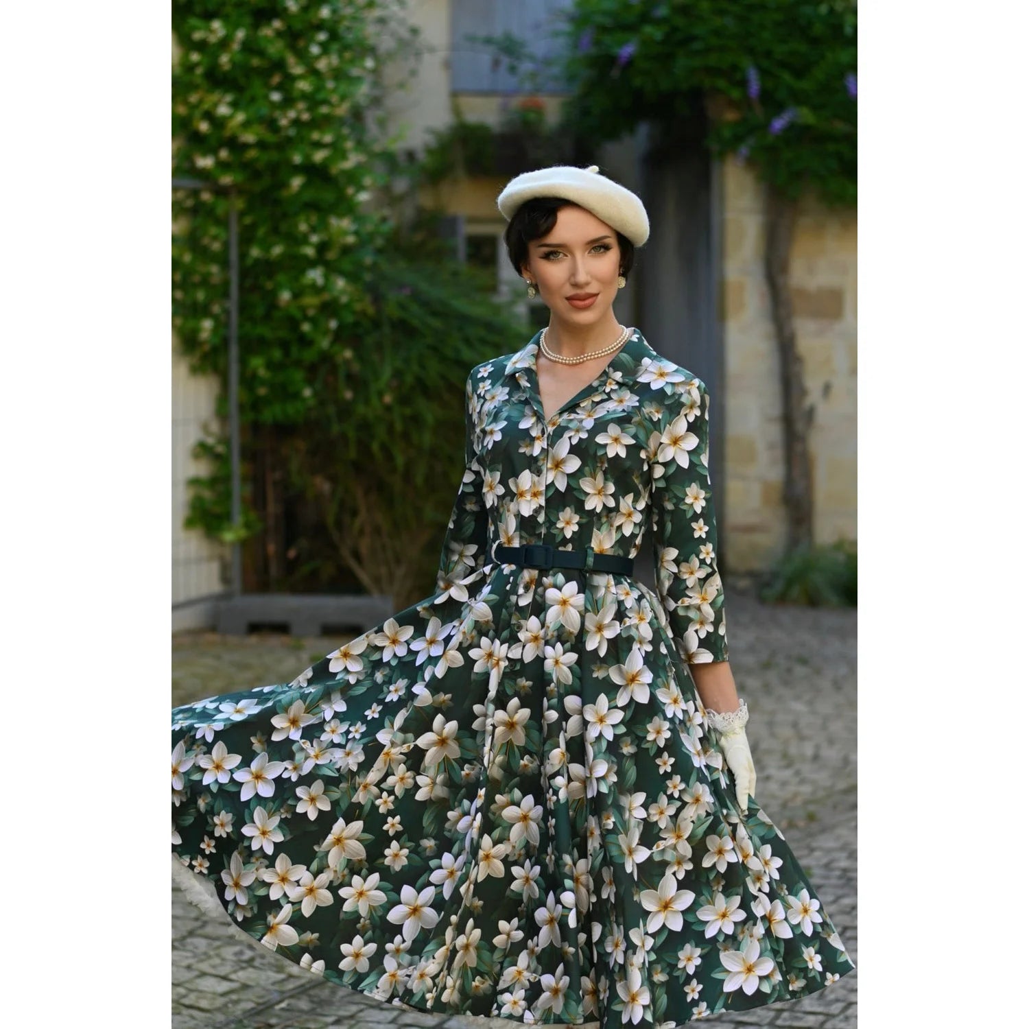 Forest Green Multi Floral Print 3/4 Sleeve 50s Swing Tea Dress With Pockets
