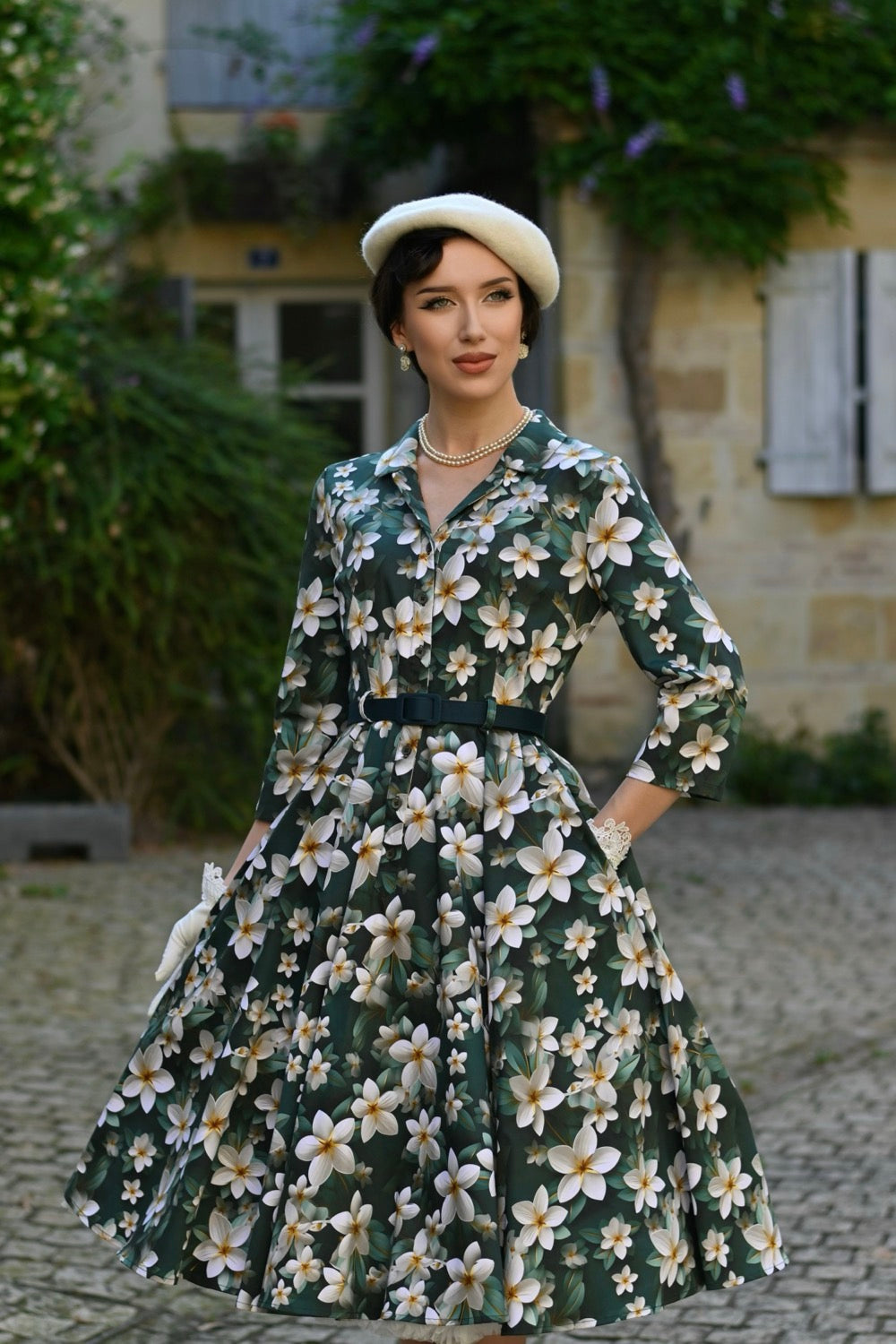 Forest Green Multi Floral Print 3/4 Sleeve 50s Swing Tea Dress With Pockets