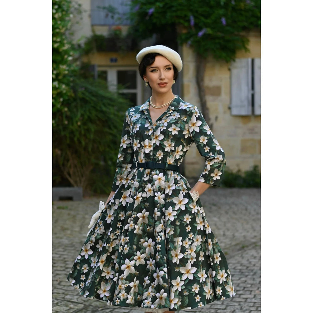 Forest Green Multi Floral Print 3/4 Sleeve 50s Swing Tea Dress With Pockets