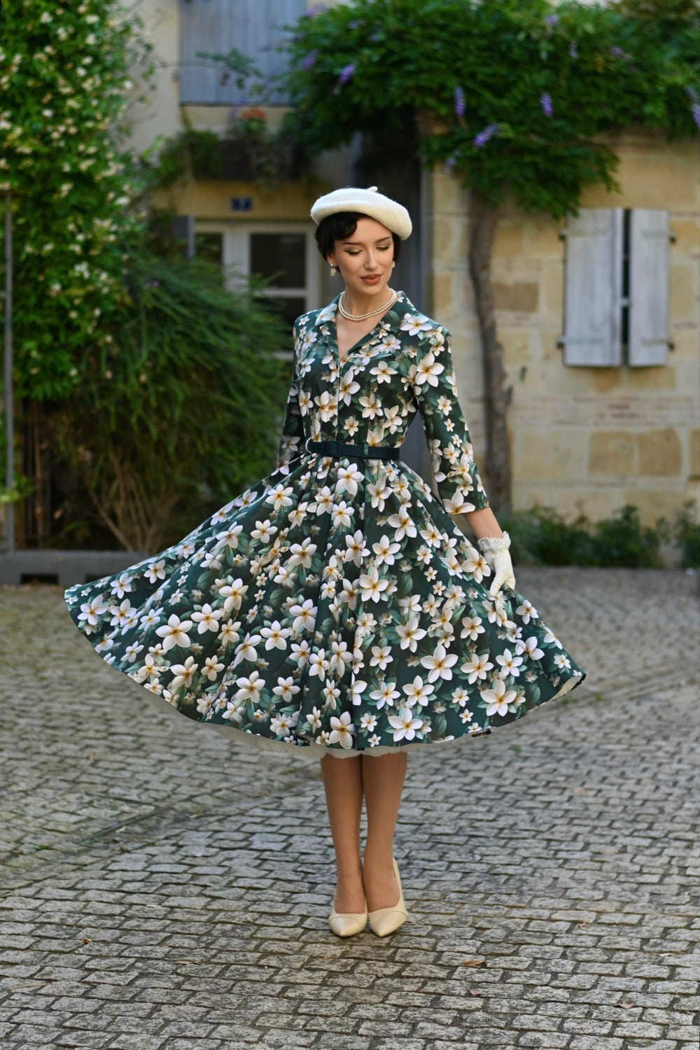 Forest Green Multi Floral Print 3/4 Sleeve 50s Swing Tea Dress With Pockets