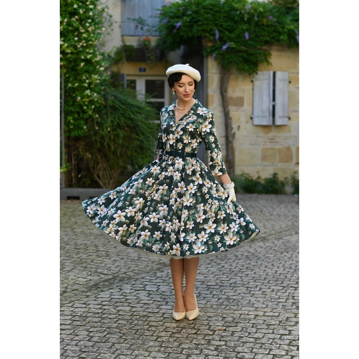Forest Green Multi Floral Print 3/4 Sleeve 50s Swing Tea Dress With Pockets