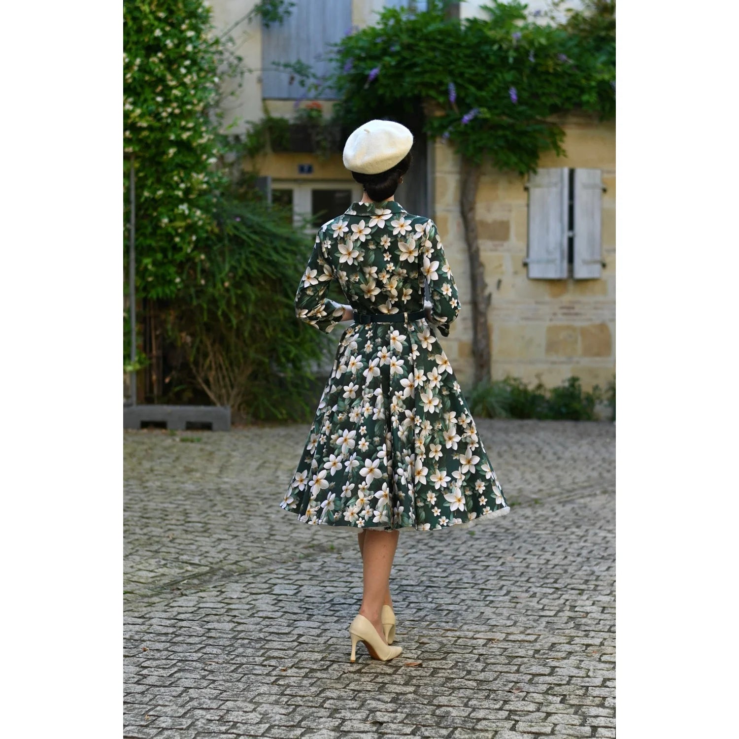 Forest Green Multi Floral Print 3/4 Sleeve 50s Swing Tea Dress With Pockets