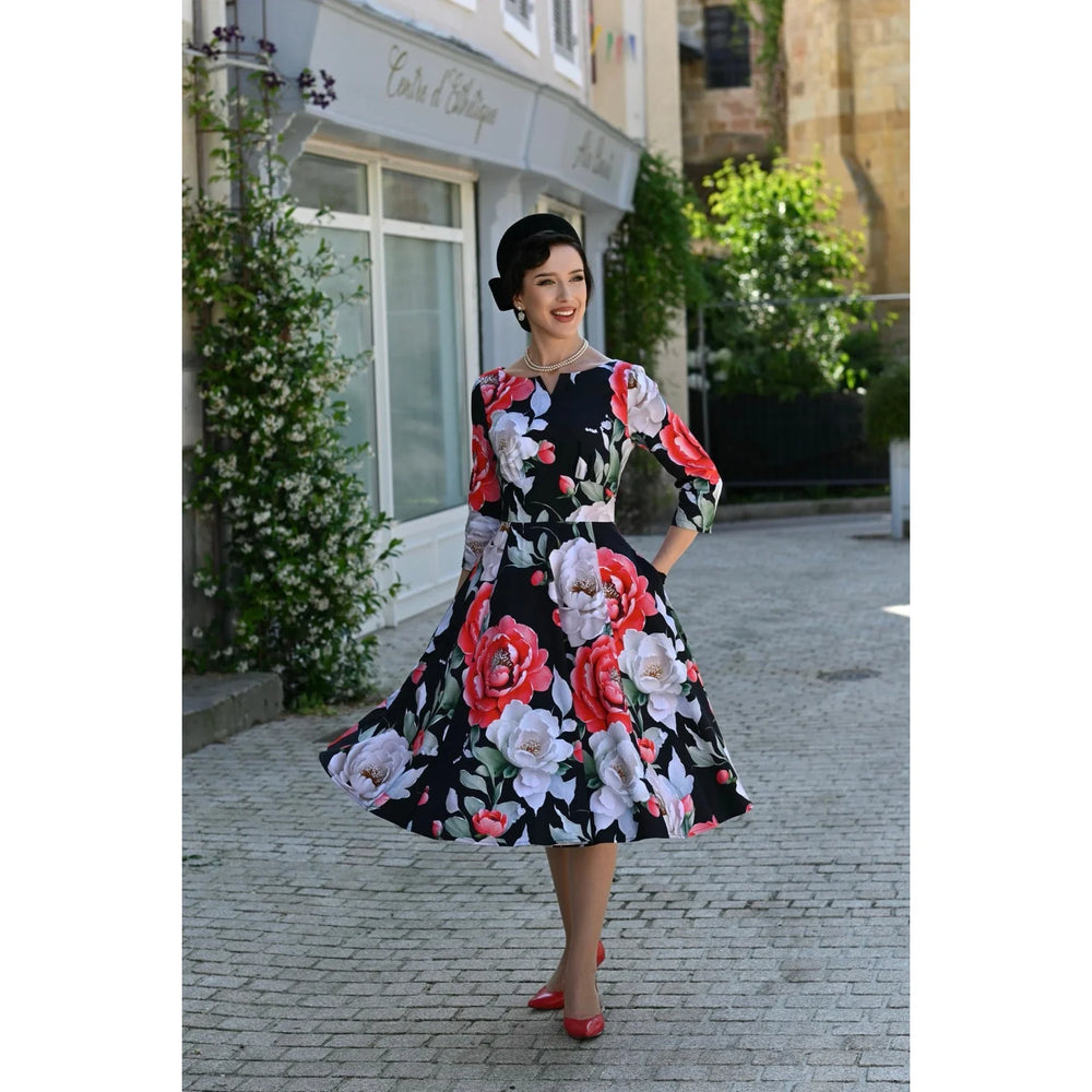 Black Multi Floral Print 3/4 Sleeve Notch Neckline 50s Swing Dress With Pockets