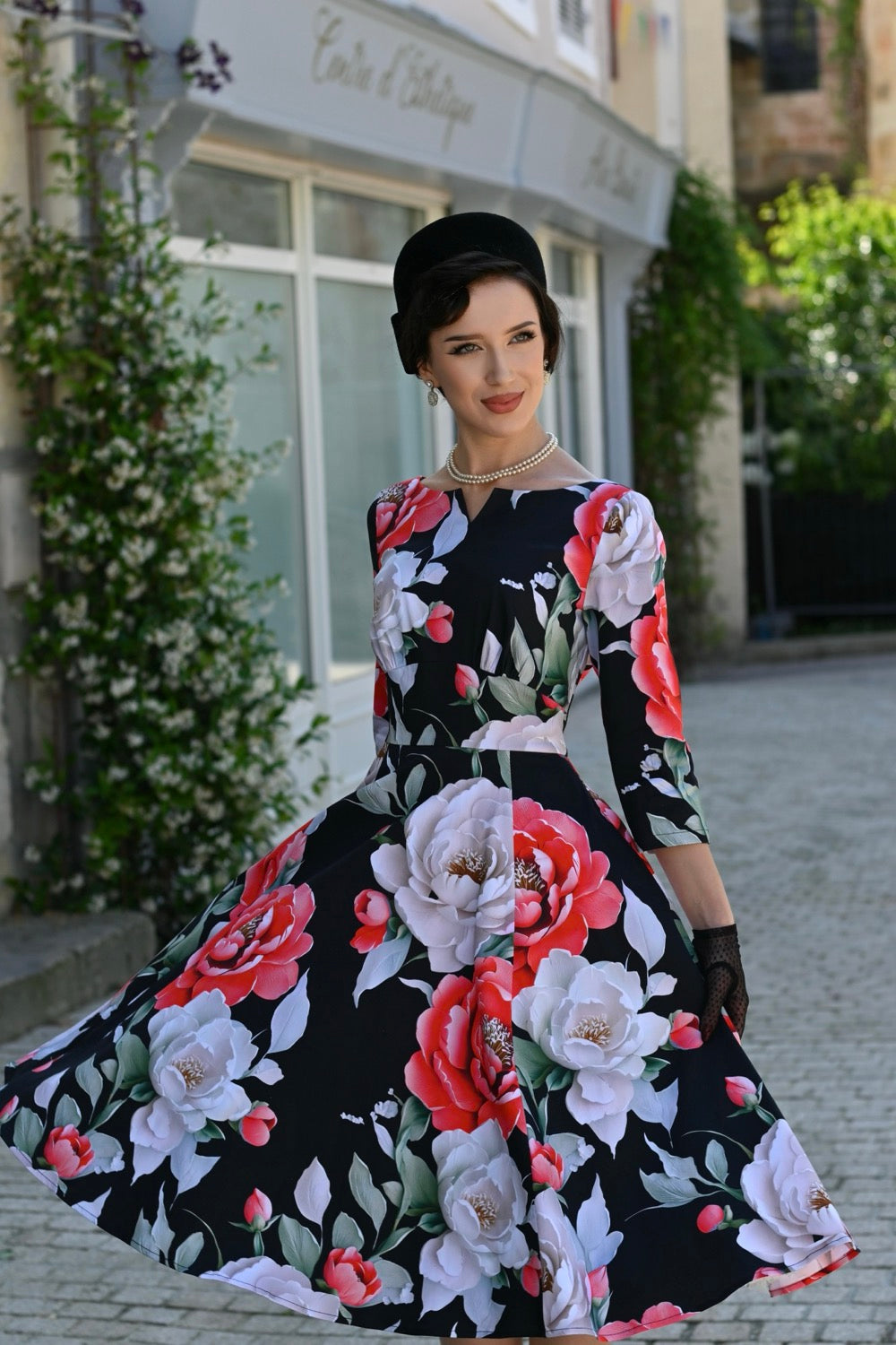 Black Multi Floral Print 3/4 Sleeve Notch Neckline 50s Swing Dress With Pockets
