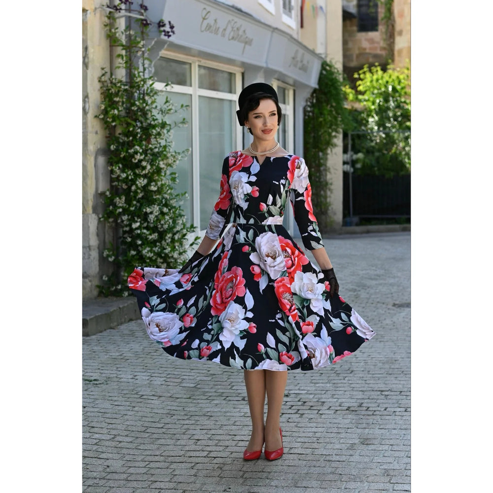Black Multi Floral Print 3/4 Sleeve Notch Neckline 50s Swing Dress With Pockets