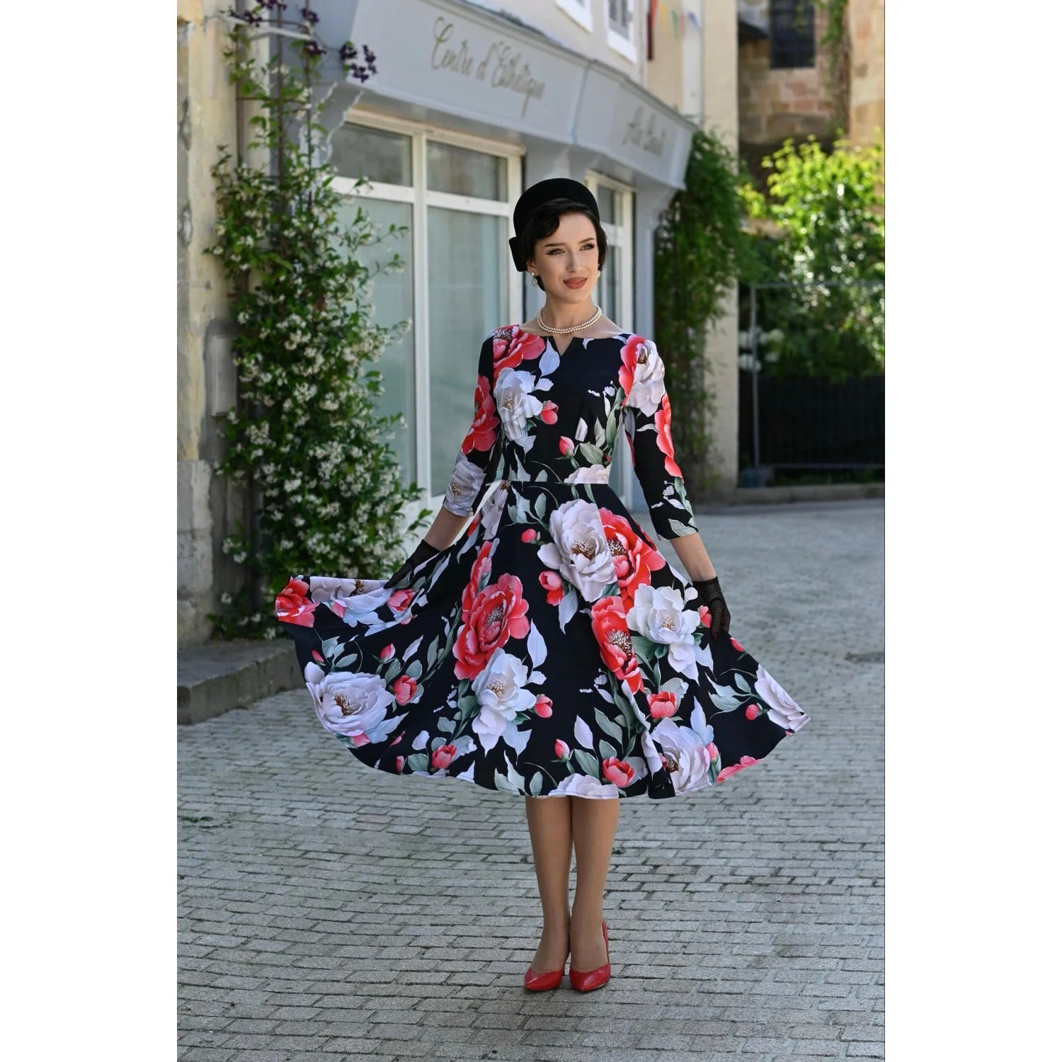 Black Multi Floral Print 3/4 Sleeve Notch Neckline 50s Swing Dress With Pockets