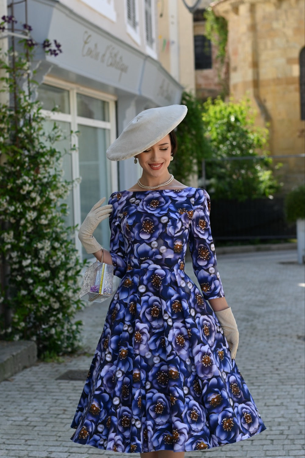3D Blue Multi Floral Print 3/4 Sleeve Boat Neckline 50s Swing Dress With Pockets