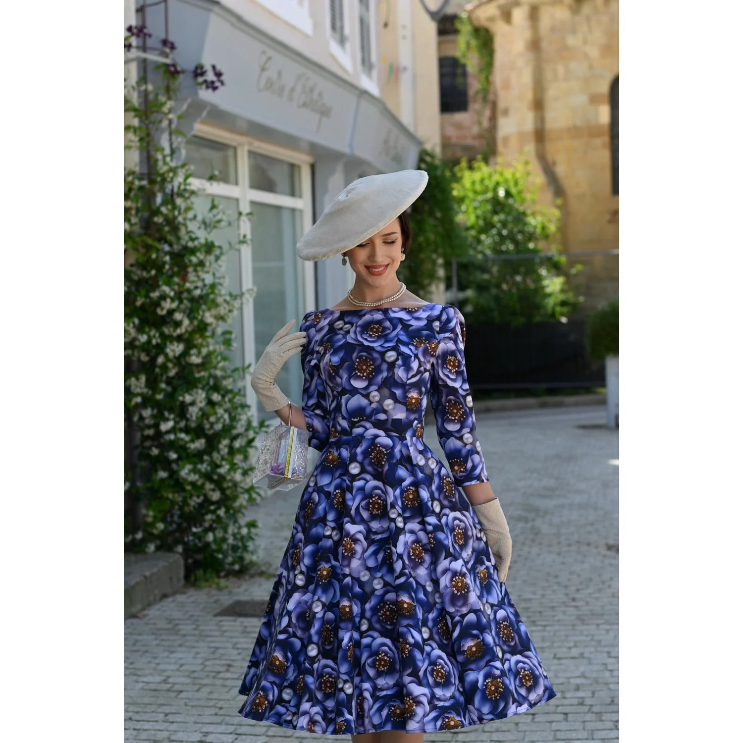 3D Blue Multi Floral Print 3/4 Sleeve Boat Neckline 50s Swing Dress With Pockets