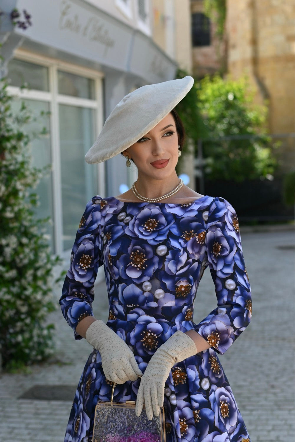 3D Blue Multi Floral Print 3/4 Sleeve Boat Neckline 50s Swing Dress With Pockets