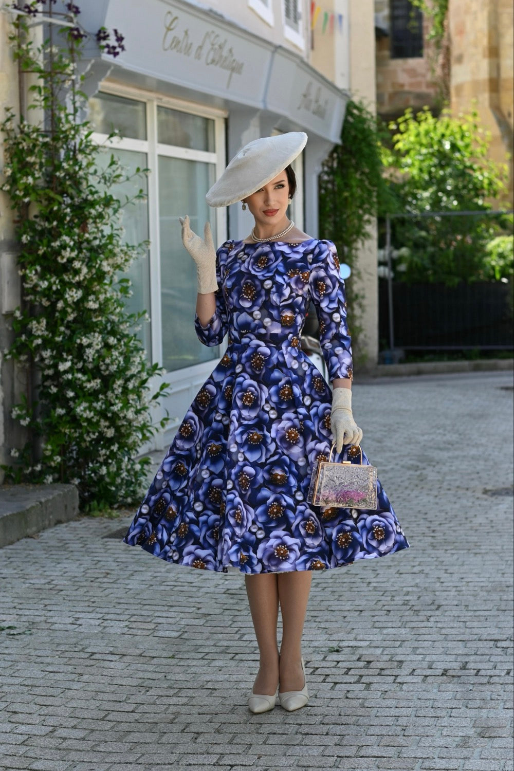 3D Blue Multi Floral Print 3/4 Sleeve Boat Neckline 50s Swing Dress With Pockets