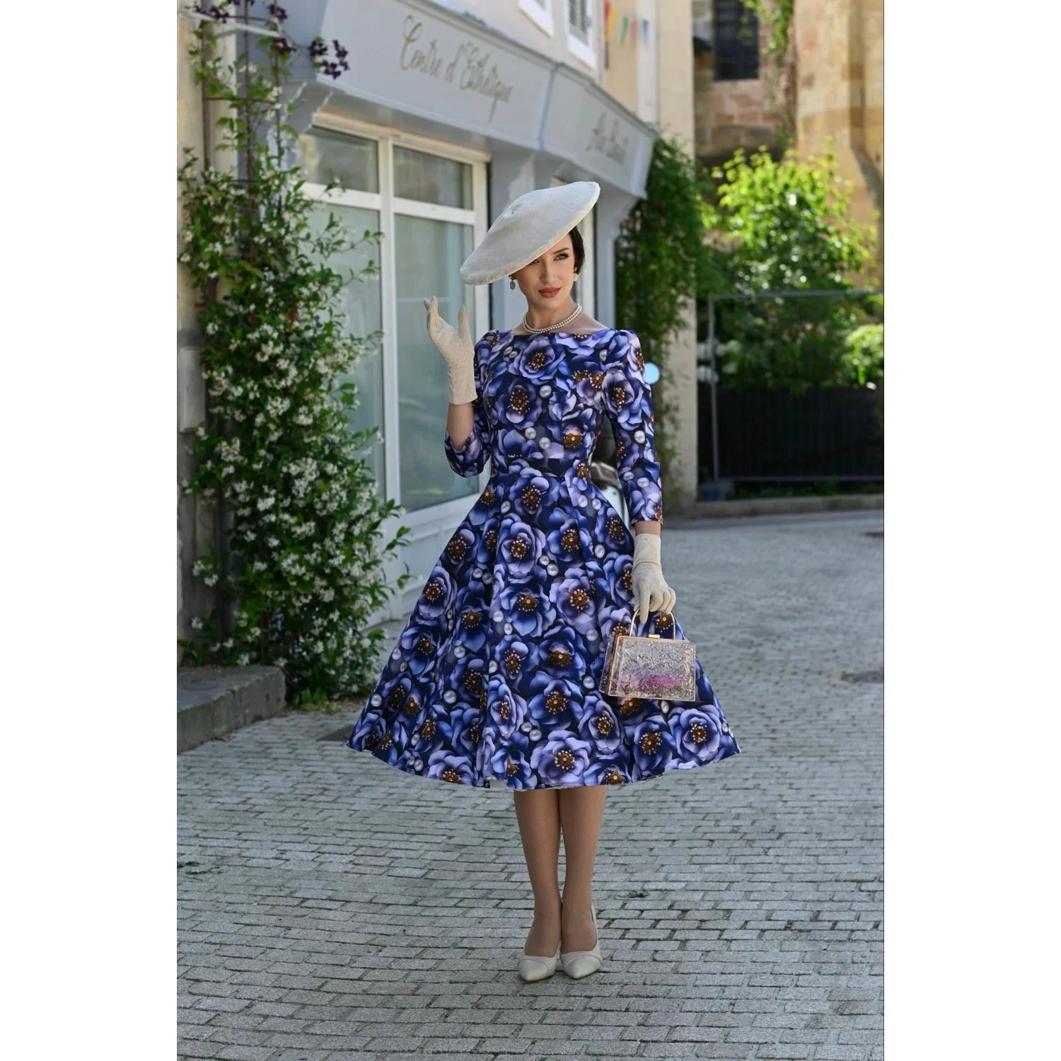 3D Blue Multi Floral Print 3/4 Sleeve Boat Neckline 50s Swing Dress With Pockets