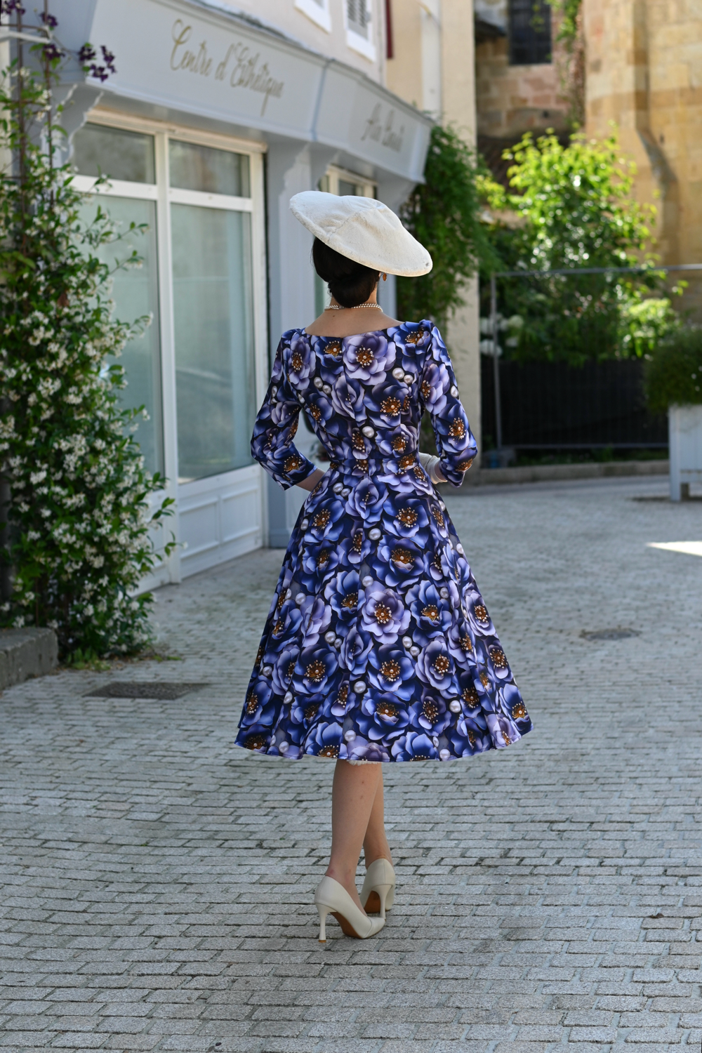 3D Blue Multi Floral Print 3/4 Sleeve Boat Neckline 50s Swing Dress With Pockets
