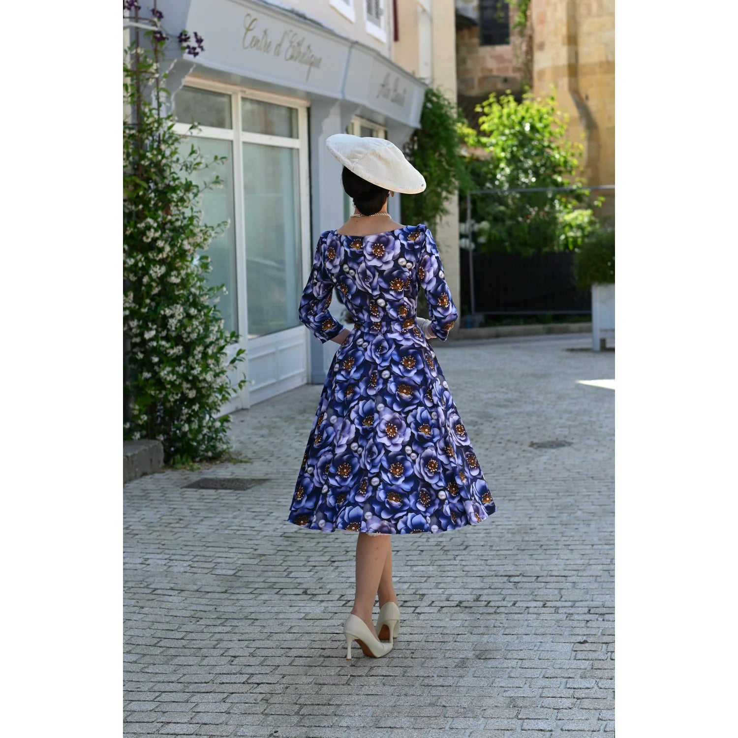 3D Blue Multi Floral Print 3/4 Sleeve Boat Neckline 50s Swing Dress With Pockets