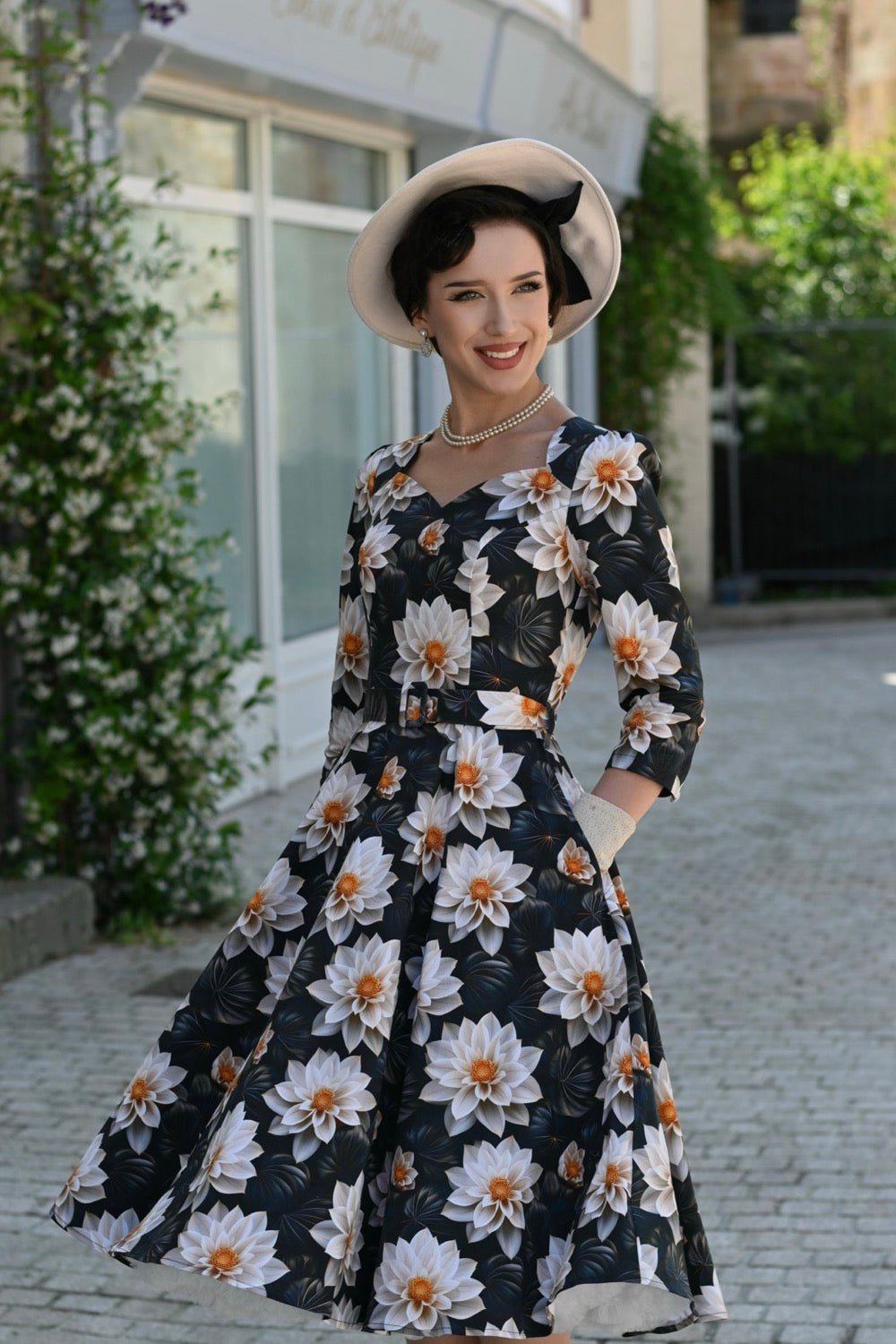 Green & Cream Multi Floral Print 3/4 Sleeve 50s Swing Tea Dress With Pockets