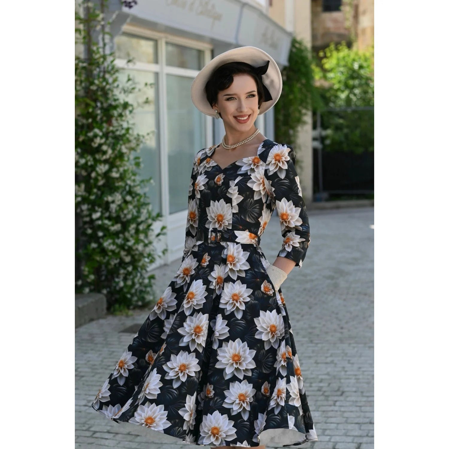 Green & Cream Multi Floral Print 3/4 Sleeve 50s Swing Tea Dress With Pockets