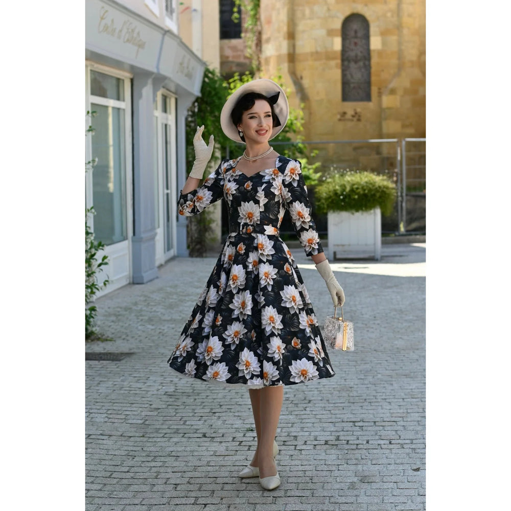 Green & Cream Multi Floral Print 3/4 Sleeve 50s Swing Tea Dress With Pockets