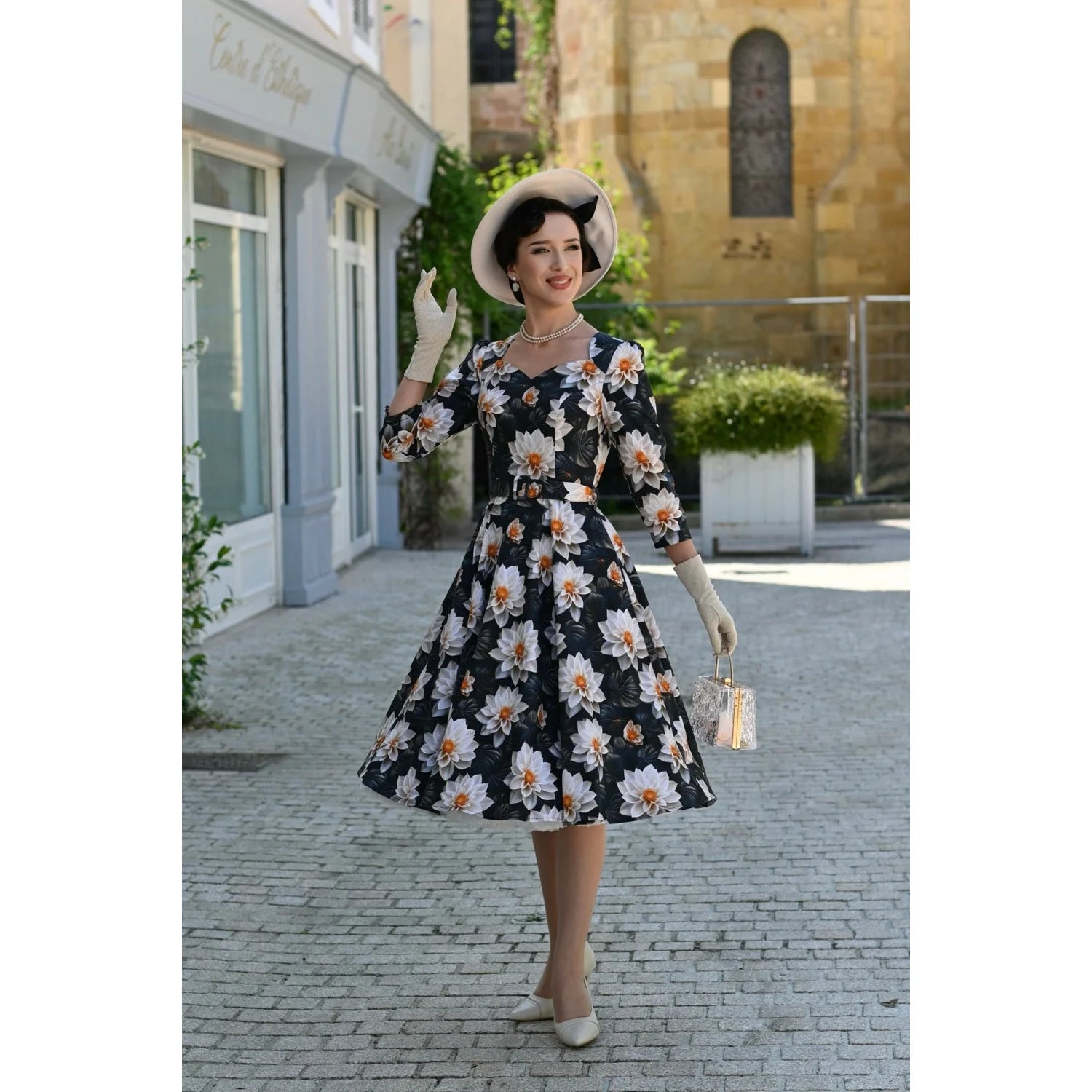 Green & Cream Multi Floral Print 3/4 Sleeve 50s Swing Tea Dress With Pockets