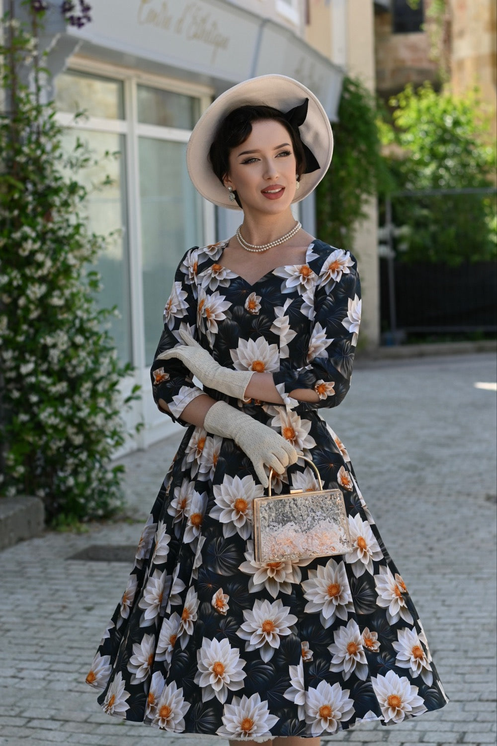 Green & Cream Multi Floral Print 3/4 Sleeve 50s Swing Tea Dress With Pockets