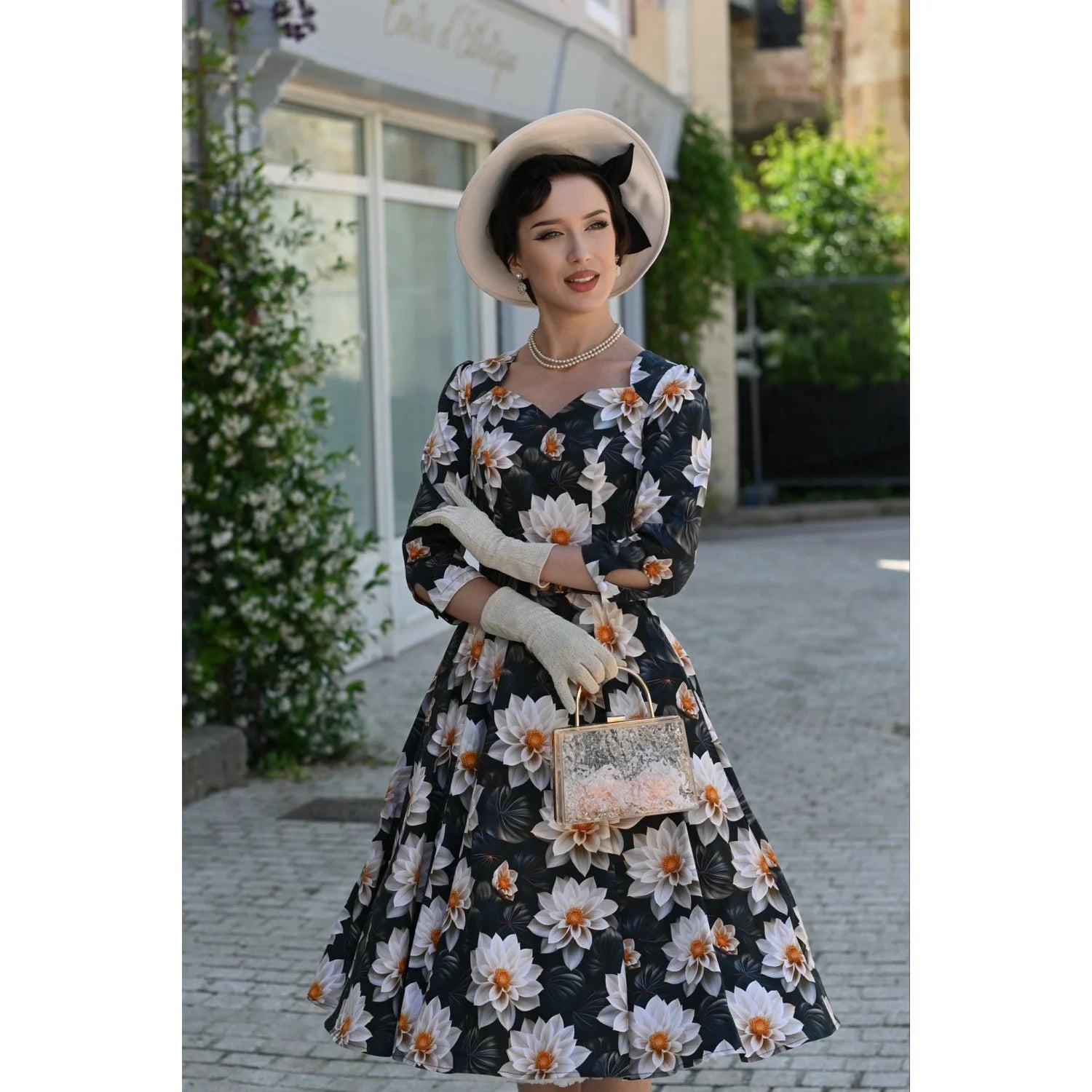 Green & Cream Multi Floral Print 3/4 Sleeve 50s Swing Tea Dress With Pockets