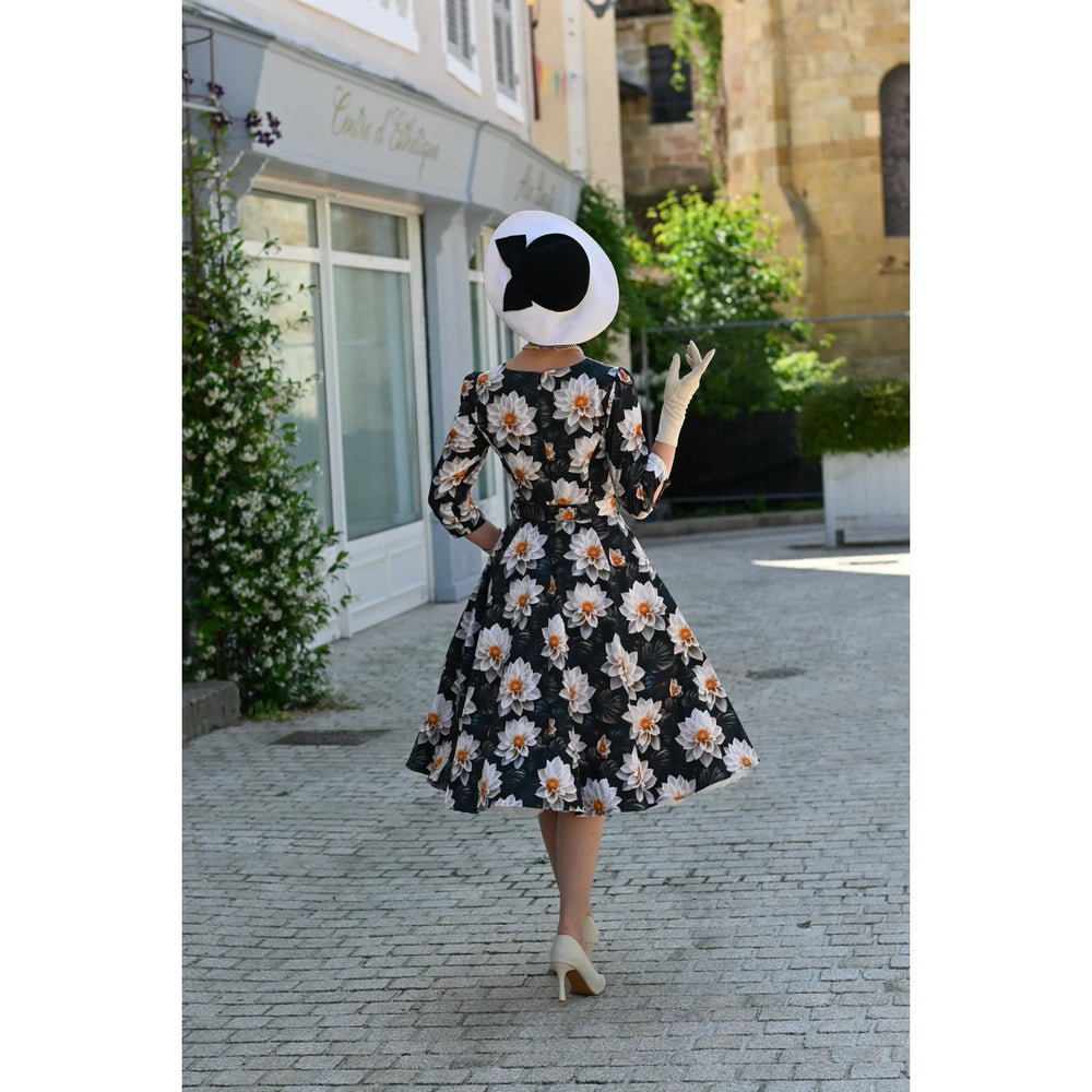 Green & Cream Multi Floral Print 3/4 Sleeve 50s Swing Tea Dress With Pockets