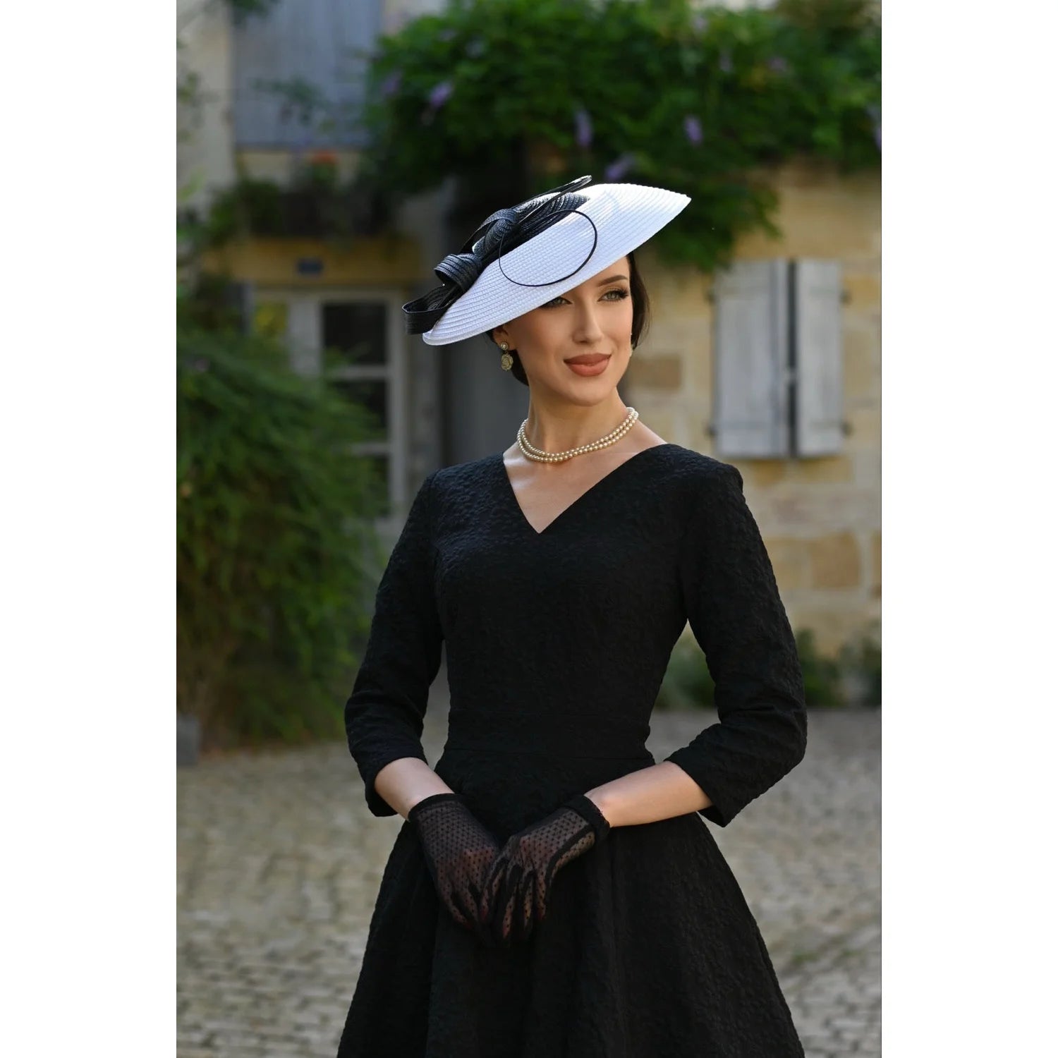 Black Embossed 3/4 Sleeve Vintage Swing Dress
