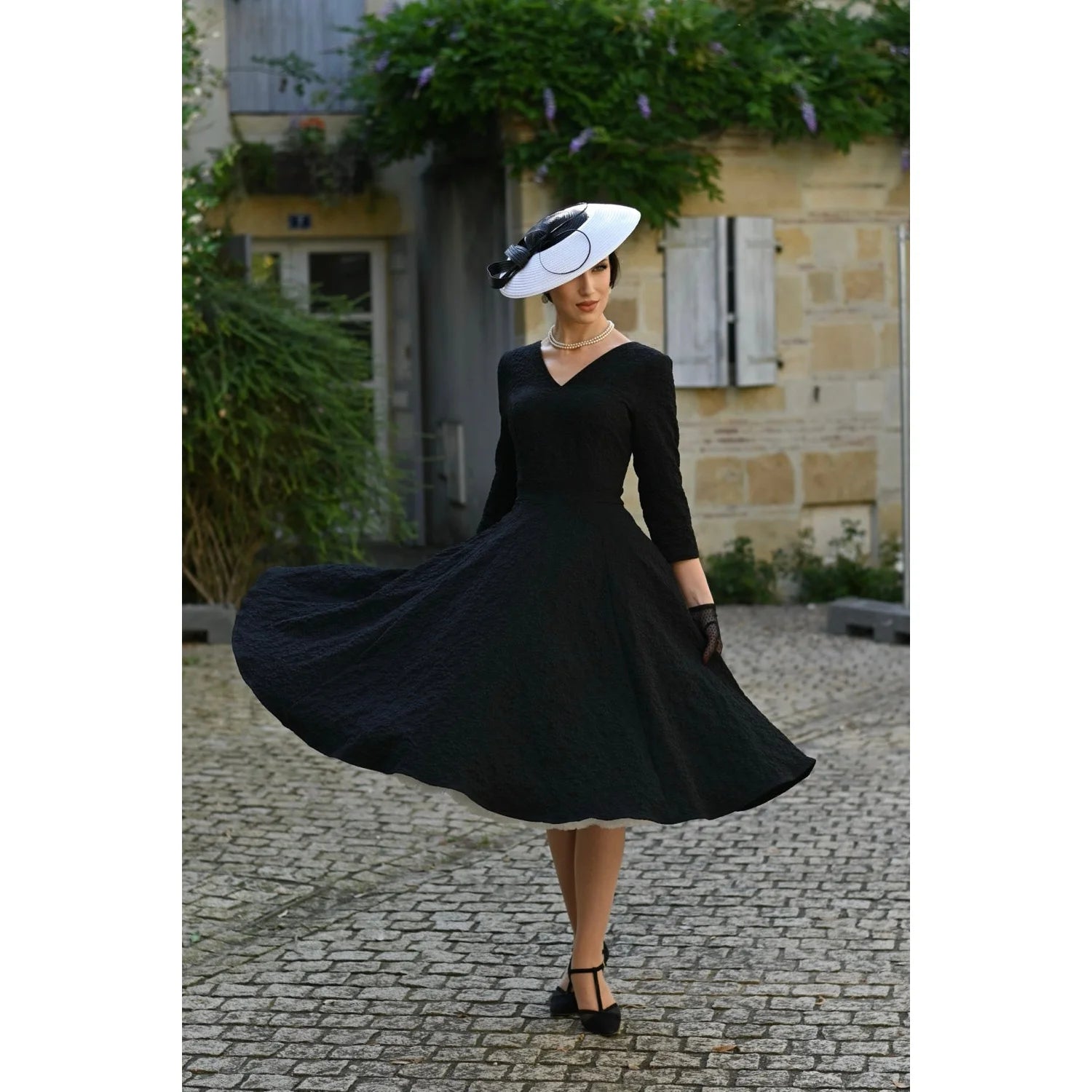 Black Embossed 3/4 Sleeve Vintage Swing Dress