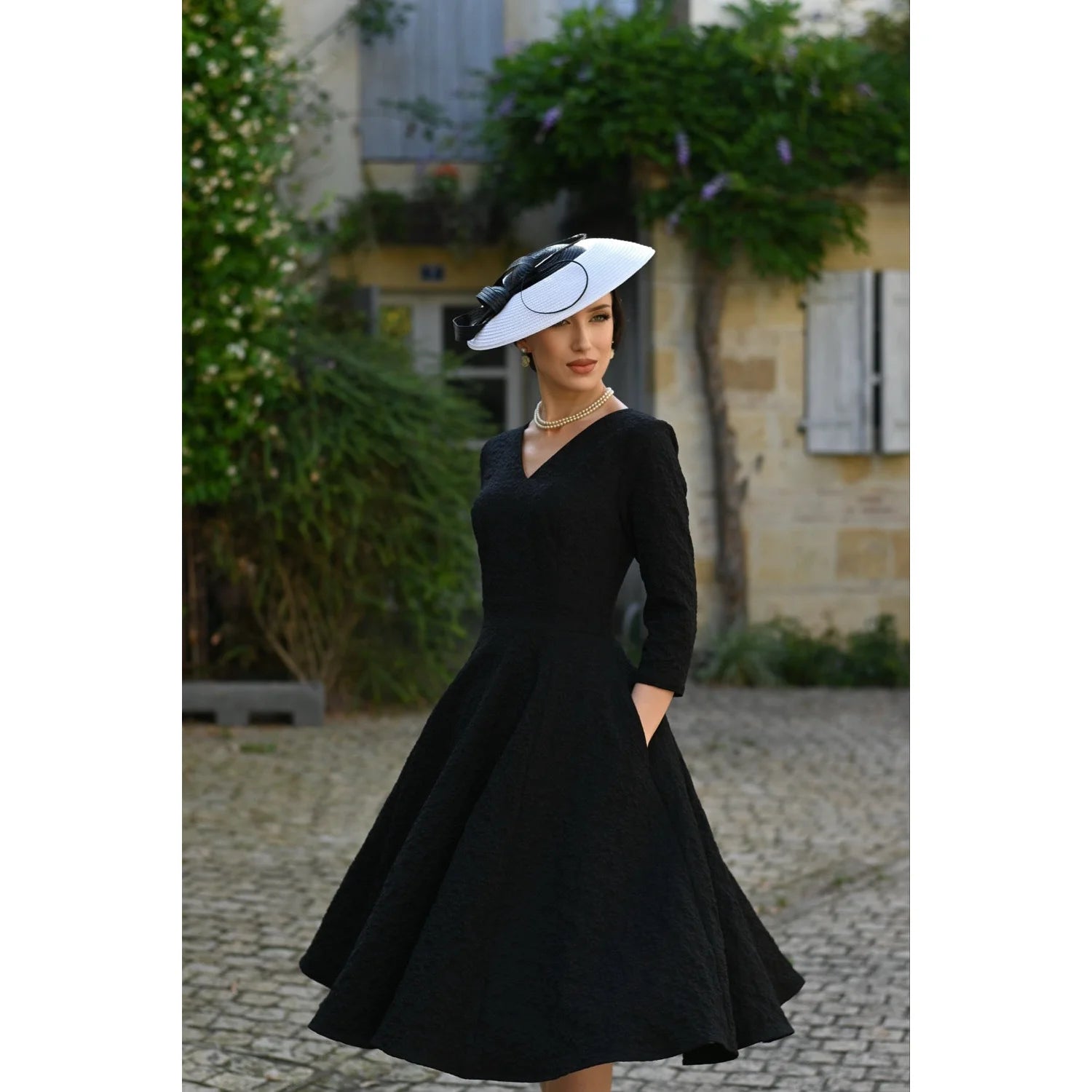 Black Embossed 3/4 Sleeve Vintage Swing Dress