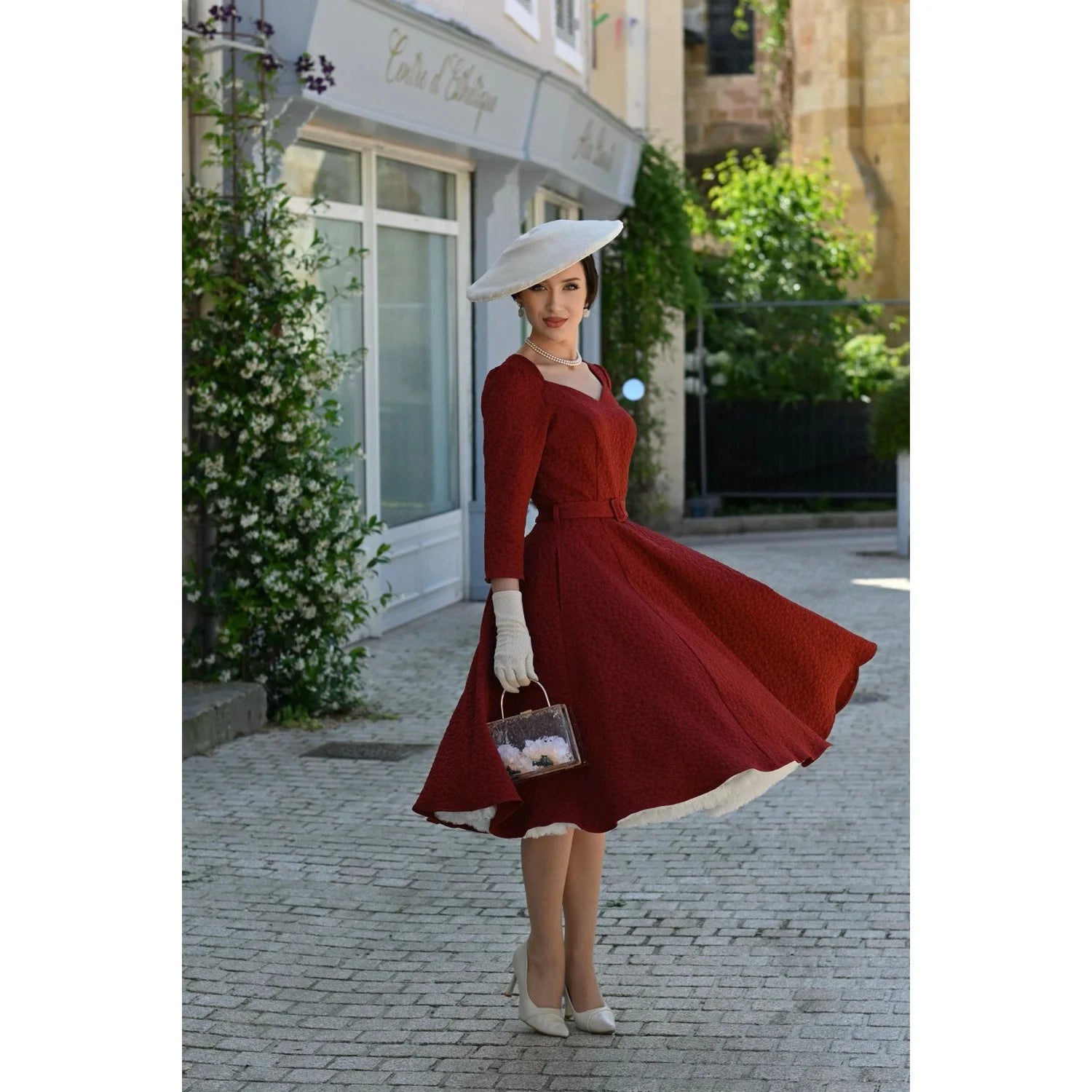 Maroon Red Embossed Floral 3/4 Sleeve Swing Dress