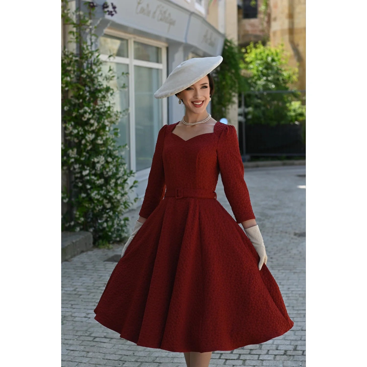 Maroon Red Embossed Floral 3/4 Sleeve Swing Dress