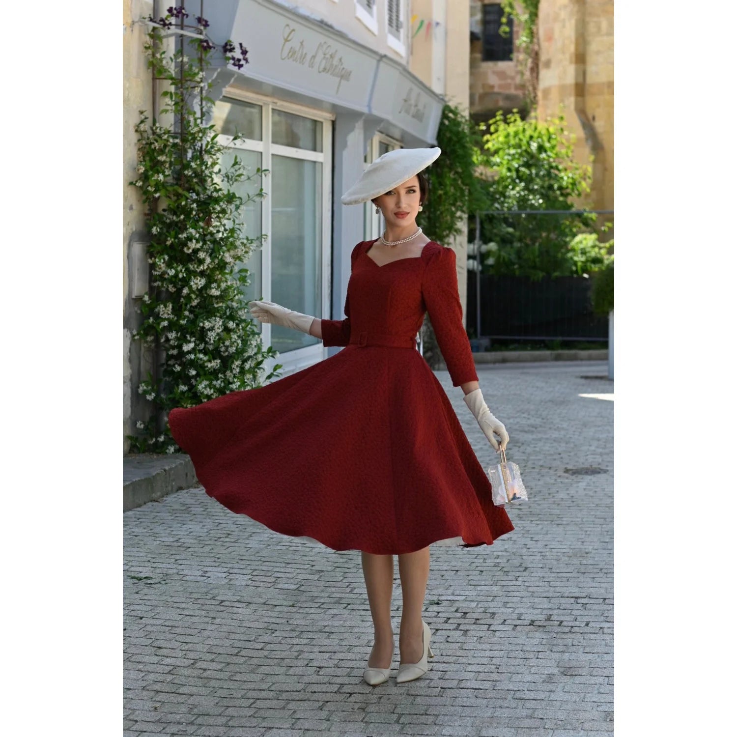 Maroon Red Embossed Floral 3/4 Sleeve Swing Dress