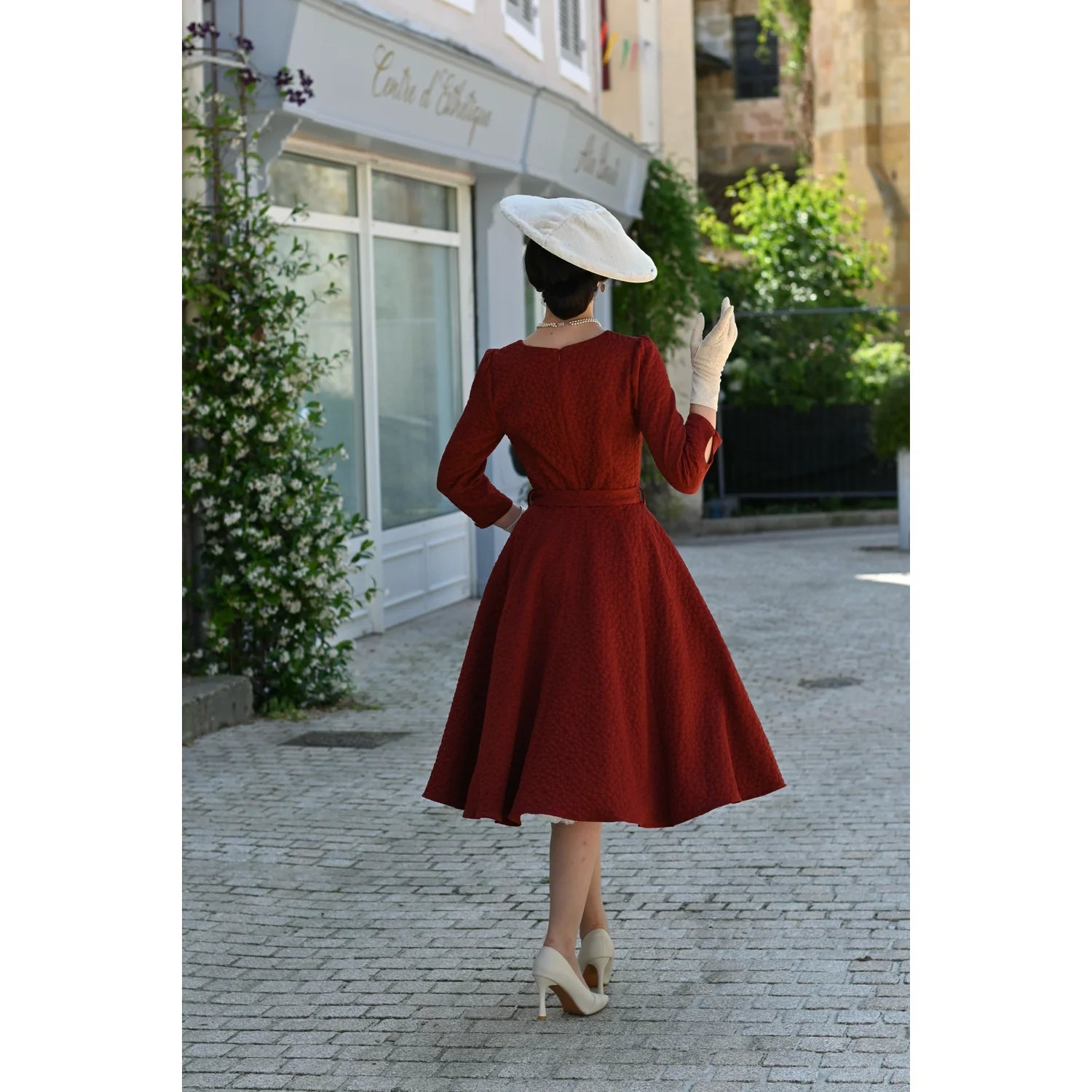 Maroon Red Embossed Floral 3/4 Sleeve Swing Dress
