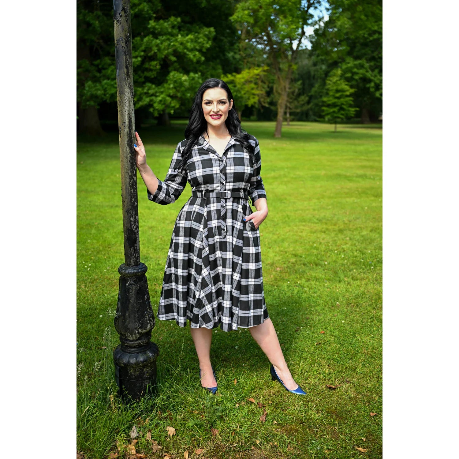 Black, Grey and White Check Print 3/4 Sleeve Collared 50s Swing Tea Dress With Pockets