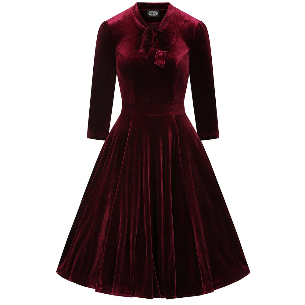 Claret Burgundy Velvet 3/4 Sleeve Swing Dress