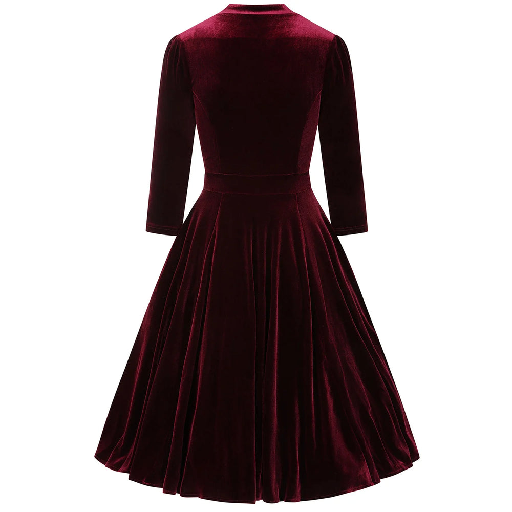 Claret Burgundy Velvet 3/4 Sleeve Swing Dress