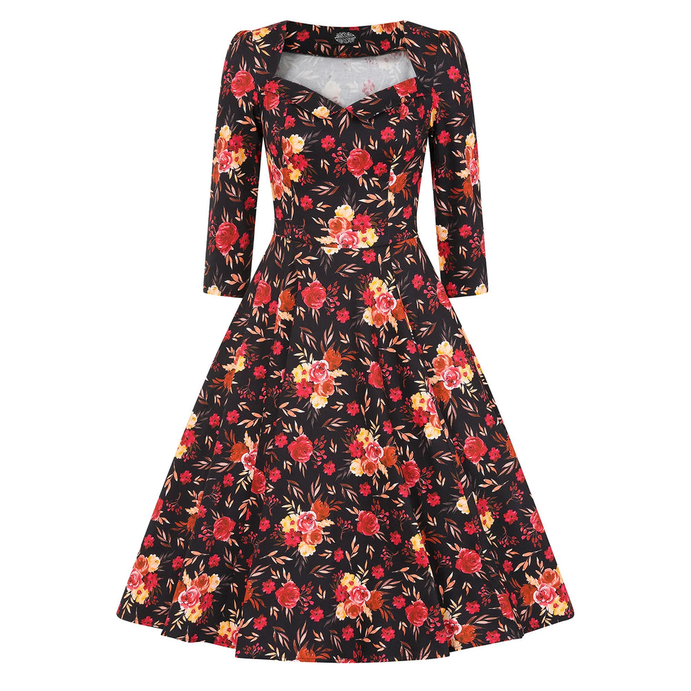 Black Multi Red Floral Print 3/4 Sleeve Sweetheart Neckline 50s Swing Dress With Pockets
